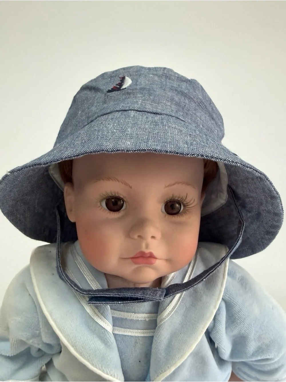 Janie - Jack Chambray Baby Bucket Hat Embroidered Sails Ships 6-12mo New